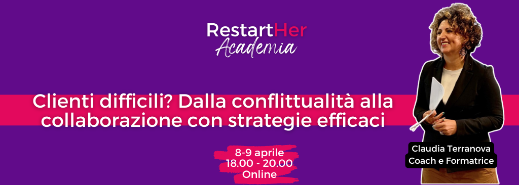 RestartHer Academia banner promoting an online session on managing difficult clients with coach Claudia Terranova.