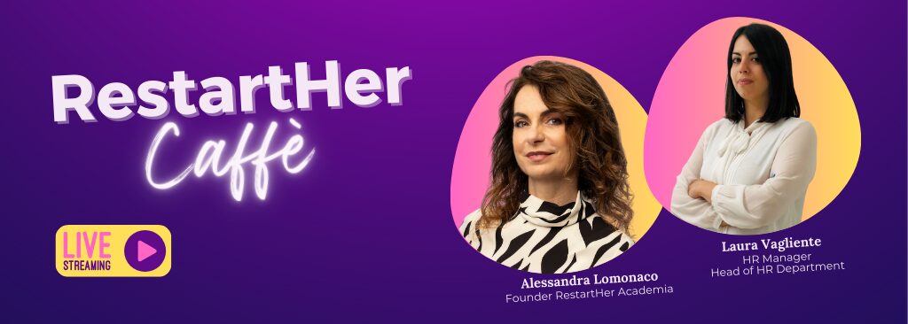 Purple “RestartHer Caffè” live‑stream banner with Alessandra Lomonaco and HR manager Laura Vagliente.